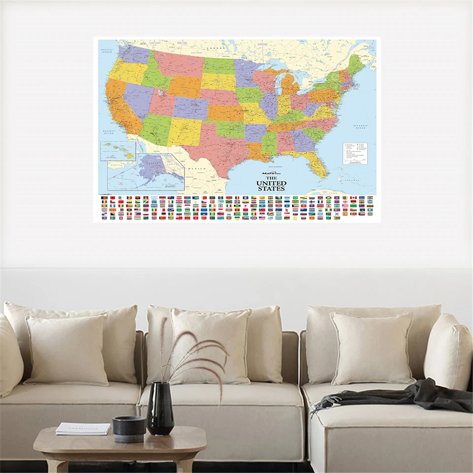 Mapa de los Estados Unidos con Bandera de País detallada, 225x150cm, lienzo no tejido, pintura, decoración del hogar, suministros escolares