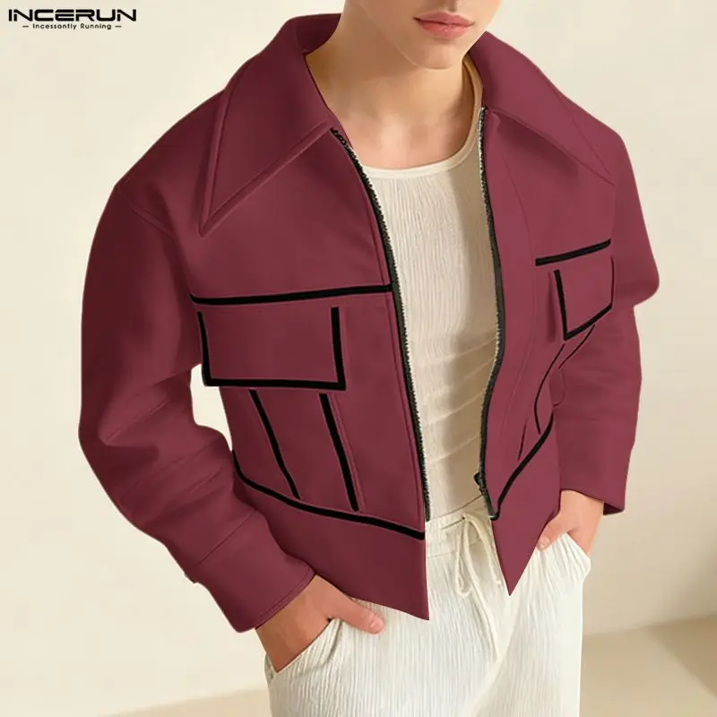 

Мужские куртки INCERUN: модные повседневные тонкие куртки с лацканами, длинными рукавами и молнией, в стиле пэчворк, уличная одежда, коллекция 2026, размеры S-5XL
