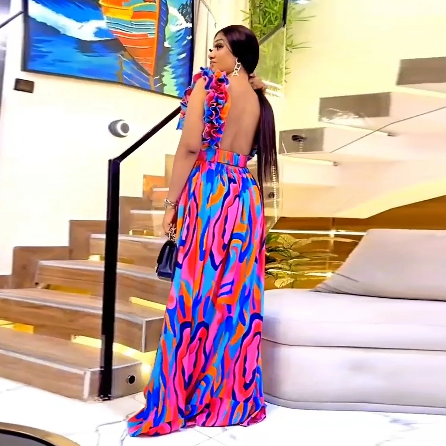 تخصيص المرأة الكبار مزاجه الأزياء الأوروبية والأمريكية أنيقة تكدرت حزام الكتف فستان سهرة مطبوع #3