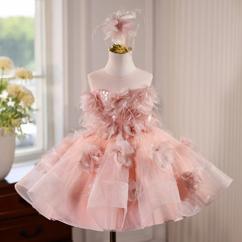 Kids Pink Floral Sleeveless Gown Princess Dress Children Girls Sweet Fashion Host Piano Performance Wedding Flower Girl Clothes