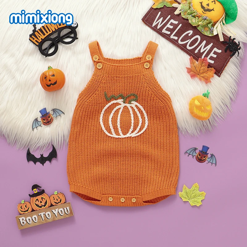 

Baby Bodysuits Clothes Winter Halloween Pumpkin Knit Newborn Infant Kids Boys Girls Strap Onesie 0-18m One Piece Children Outfit