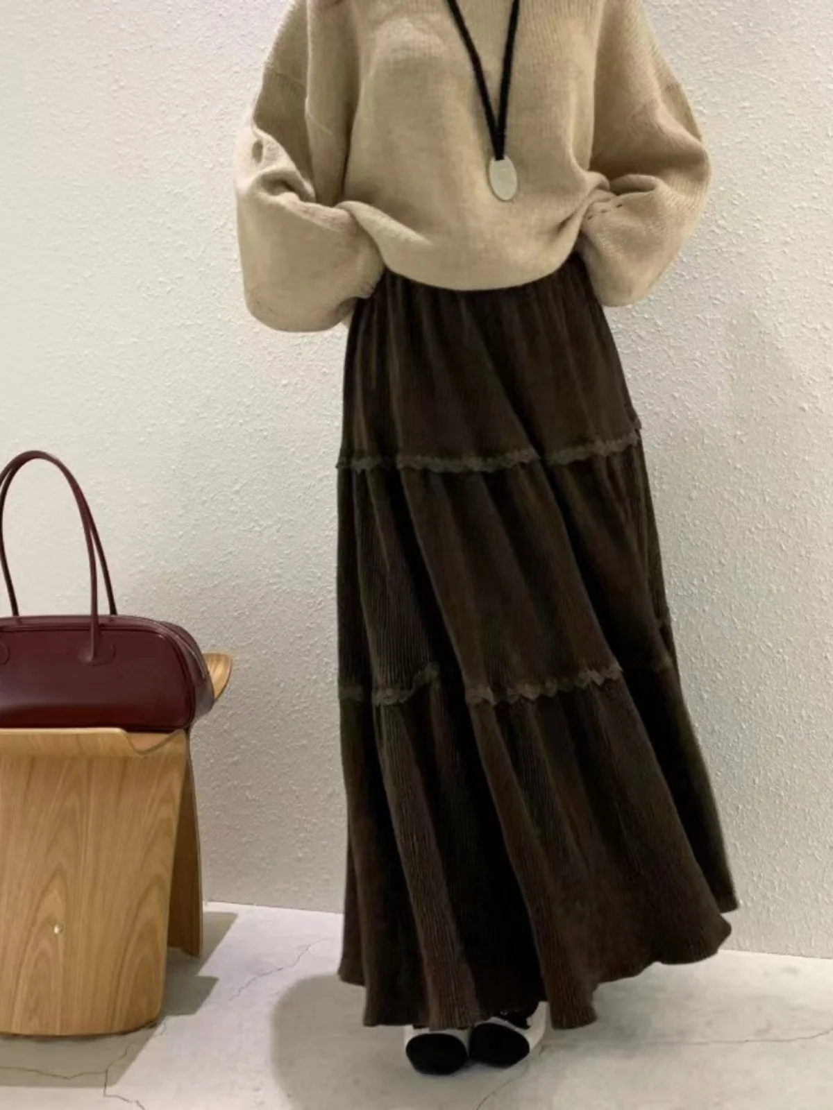 

Korean Sle Corduroy Cake Skirt High Waist A-Line Slimming f Body Women's Faion Autumn Season Lace Splicing Design