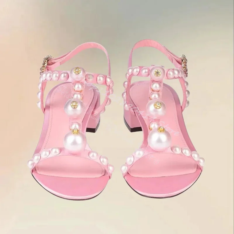 

White Pearl Pink Strappy Open Toe Sandals Ankle Buckle Strap Women Shoes Chunky High Heels Party Feast 2025 Zapatos Para Mujere
