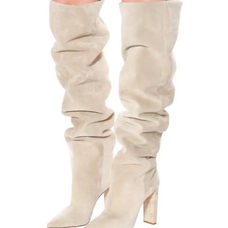 

Slip on Pleated Boots Chunky Heel Beige Loose Thigh High Boots Suede Leather Pointed Toe Knee Boots Women Autumn Winter Shoes