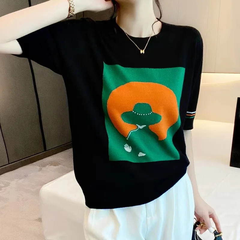 Knitted Tops Women Short Sleeve T Shirt Thin Ice Silk O Neck Tshirts Female Summer Casual Loose Woman Clothes Tees Shirt Femme