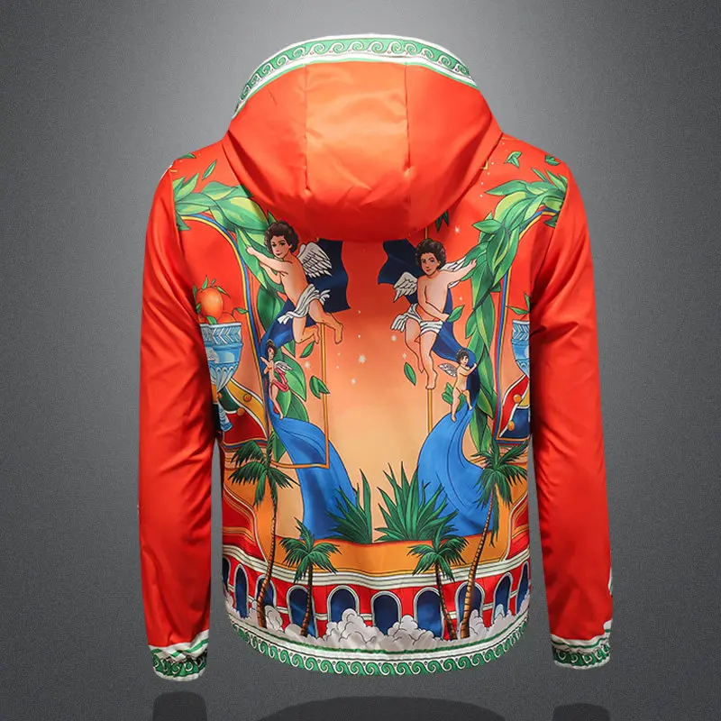 Fall European Style Vintage Bomber Jacket Luxurious Baroque Palace Printing Pattern Hooded Jacket Club Outfit Pattern Jacket