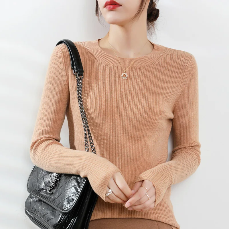 Autumn Winter Women Wool Blend Sweater O-Neck Fashion Knit Bottoming Pullover Casual Knit Soft Sweater Long Sleeve Tops