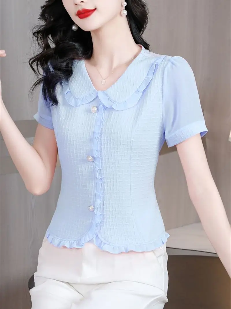 3XL Women Spring Summer Blouses Shirts Lady Fashion Casual Short Sleeve Peter Pan Collar Polka Dots Printing Blusas Tops G2808