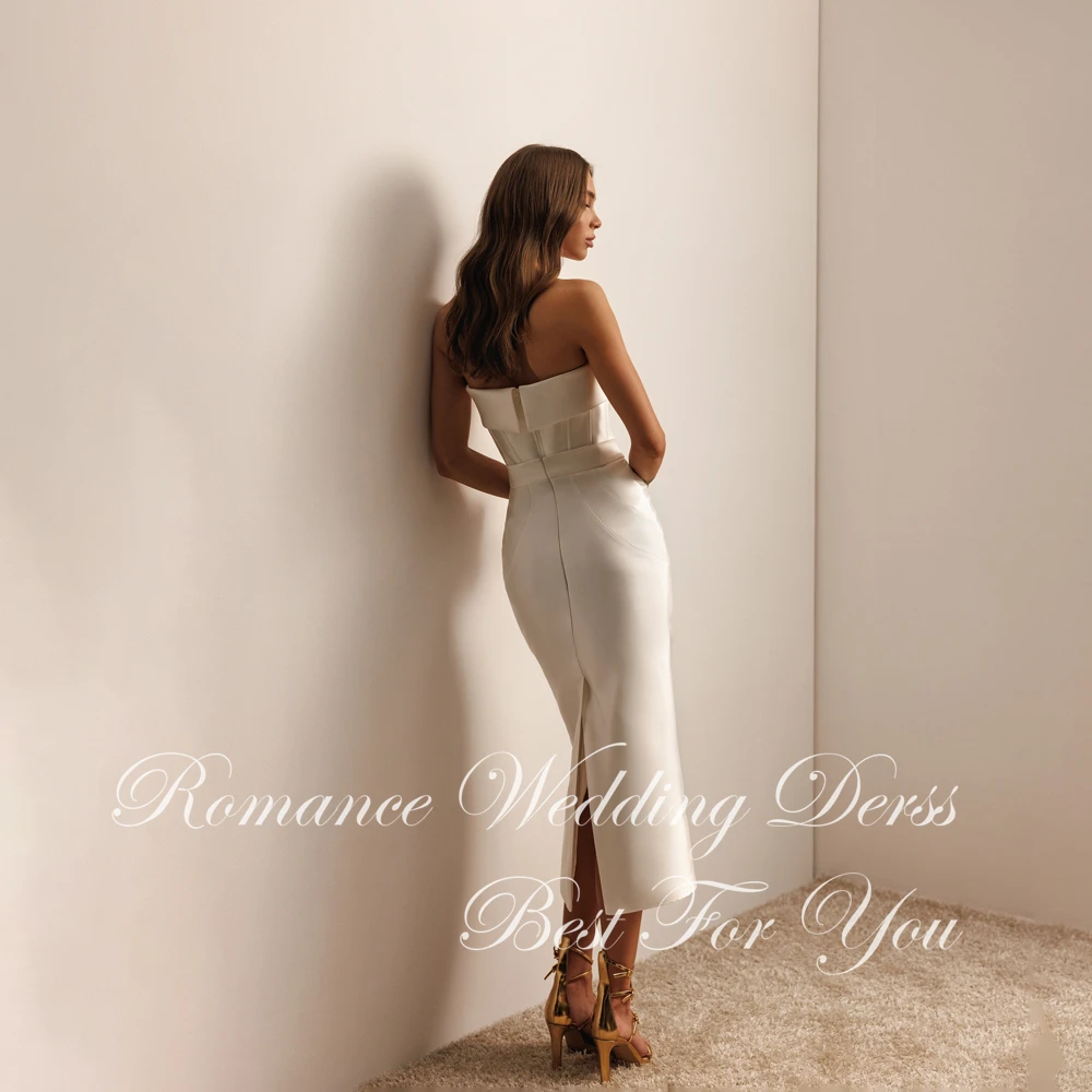 Simple Satin Sheath Wedding Dress Women 2026 Strapless Sleeveless Open Back Slit Pleat Party Gown Vestidos De Novia Customized