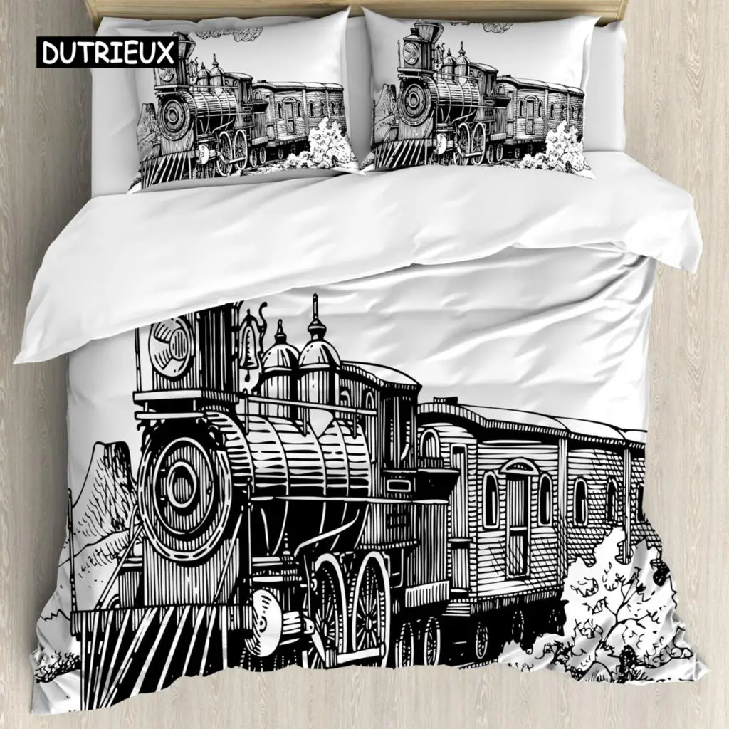 

Steam Engine Duvet Cover Set King Size Rustic Old Train In Country Locomotive Wooden Wagons Rail Road Bedding Set for Teens Boys