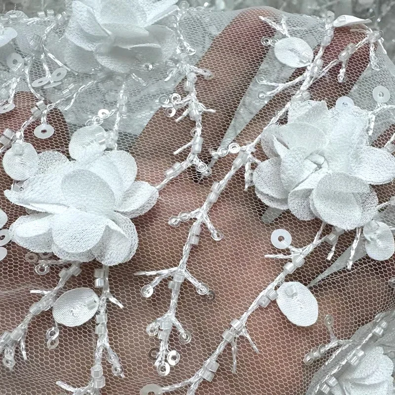 Elegant White 3D Flower Mesh Fabric Featuring Beaded Sequins And Appliqué Design For High-End Wedding Dress Veil And Formal Wear