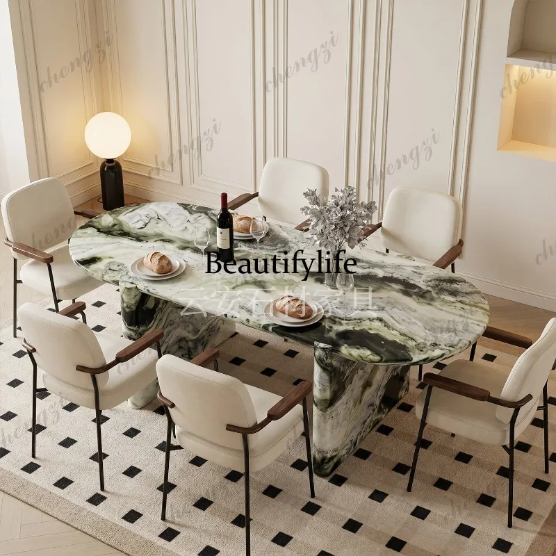 A114 Nordic light luxury high-grade natural green marble oval dining table Villa hotel dining table negotiation table
