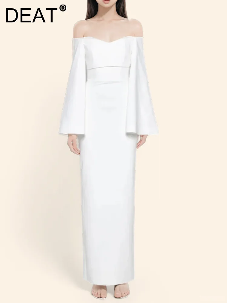 

DEAT Fashion Trendy Slash Neck Solid Color Dress Women's Customized Long Sleeve Party High Waist Dresses 2024 Summer New 35Z368