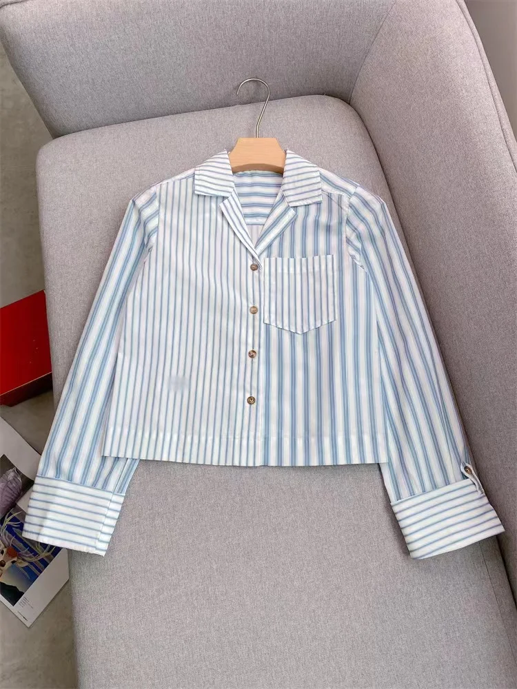 Early Autumn New Fashion Contrast Color Stripe Set Women Casual Single breasted Polo Collar Shirt or Mini Pleated Skirt 2024