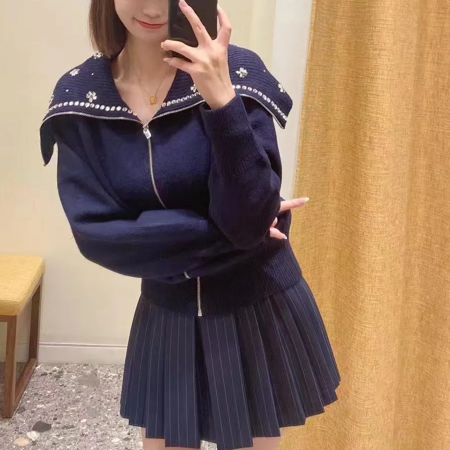 

Blue Navy Fringe Diamond Decorated Zipper Knitted Open Cardigan Women's Premium Faion Autumn Winter Thiened Casual Sweater