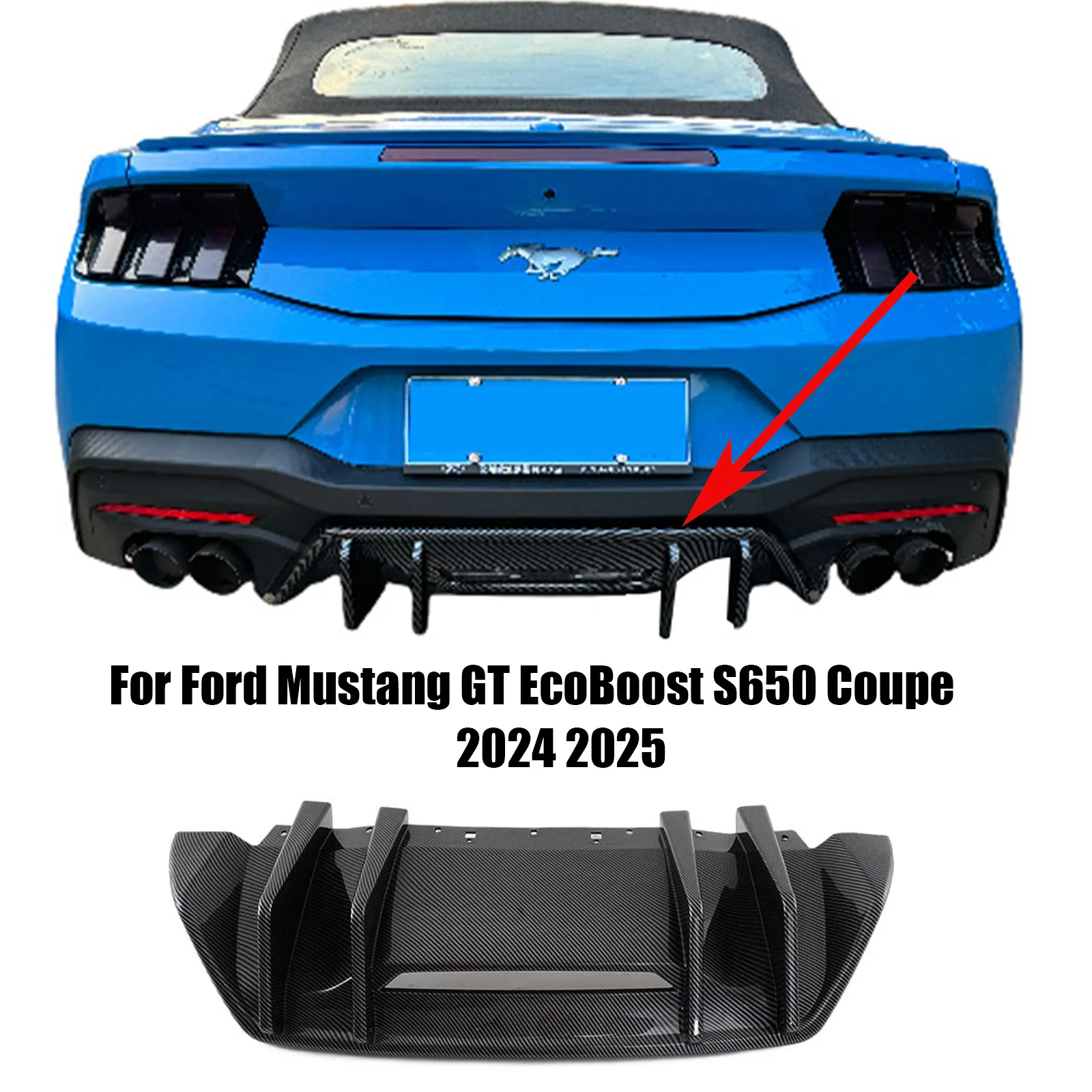For Ford Mustang GT EcoBoost S650 Coupe 2024 2025 Car Rear Bumper Lip Diffuser Splitter Spoiler Molding Glossy Black Carbon Look