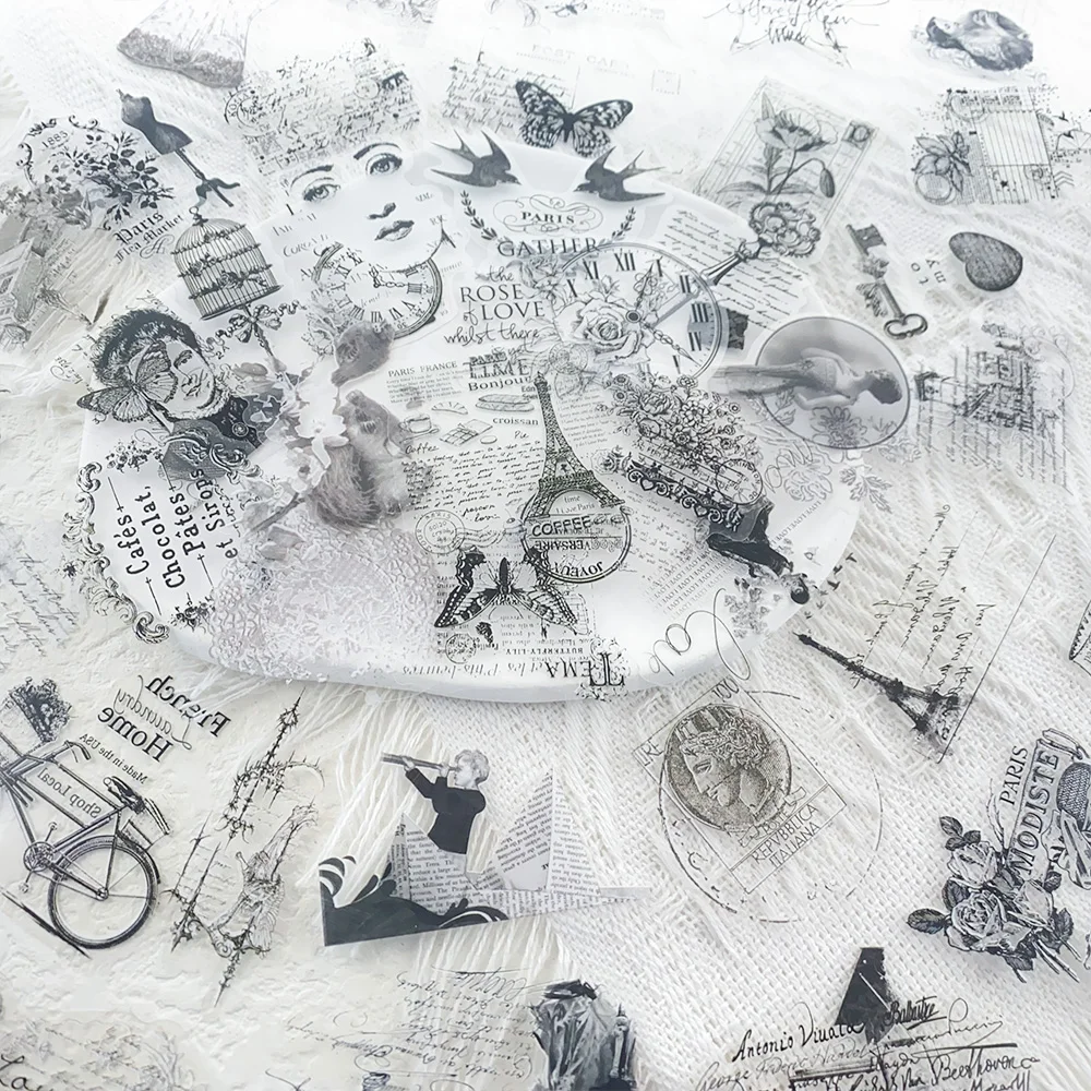 58 Uds sellos Vintage Clipart pegatinas transparentes para mascotas calcomanías para teléfono portátil monopatín guitarra DIY pegatinas estéticas