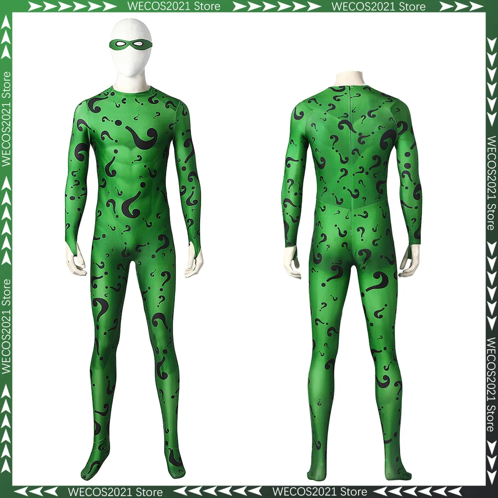 

Disguise Riddler Cosplay Jumpsuit Eyemask Movie Super Villain Costume Halloween Adult Men Role Play Fancy Dress Up Party Clothes