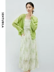 SENTUBILA Women  Holiday Dress Set 2024 Autumn Wool Knit Hollow Cardigan Print Chiffon Sexy Dress Two Piece Sets 741Z51449