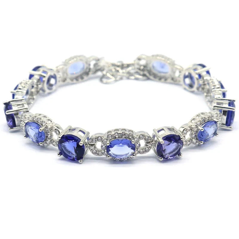 

25x9mm New Designed SheCrown New Stone Iolite Green Amethyst Violet Tanzanite CZ Females Silver Bracelet 8-9inch