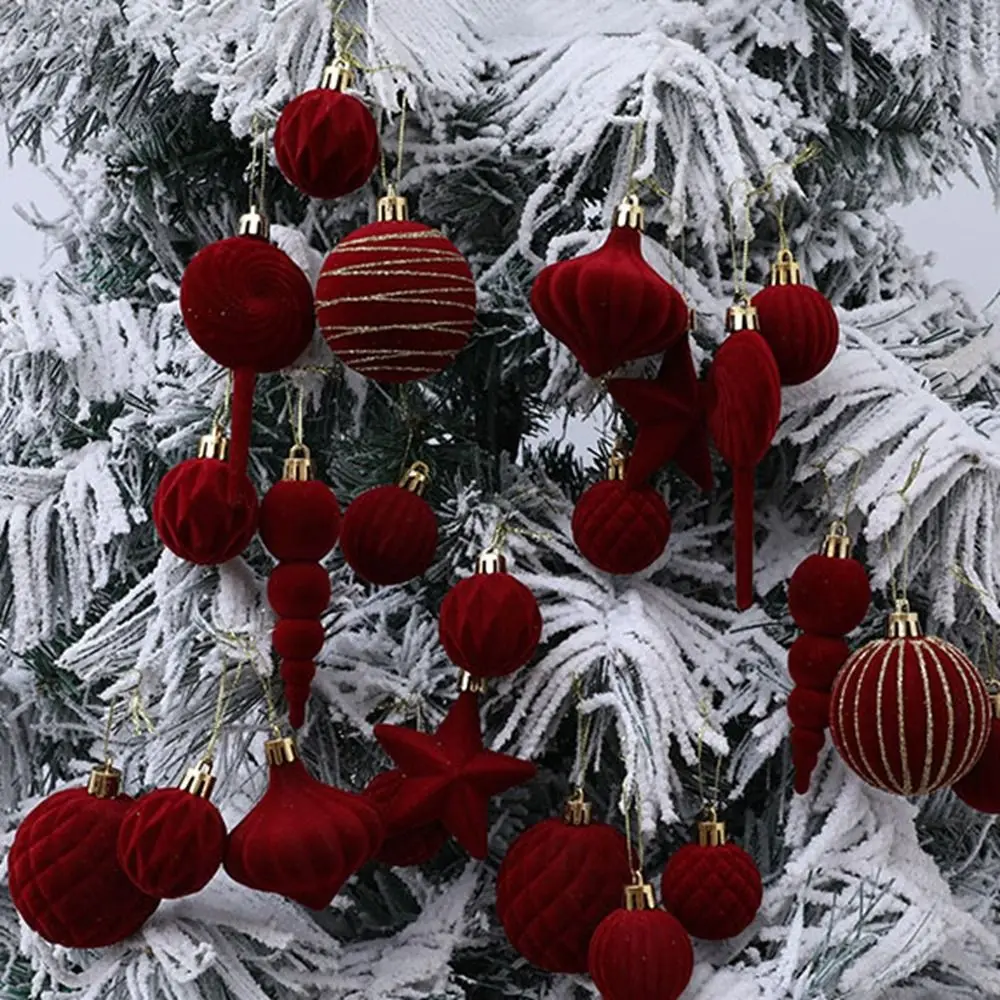 

24Pcs Colorful Flocking Christmas Ball Shatterproof Reusable Christmas Spheres Pendant Decorative Pentagram Christmas Ball