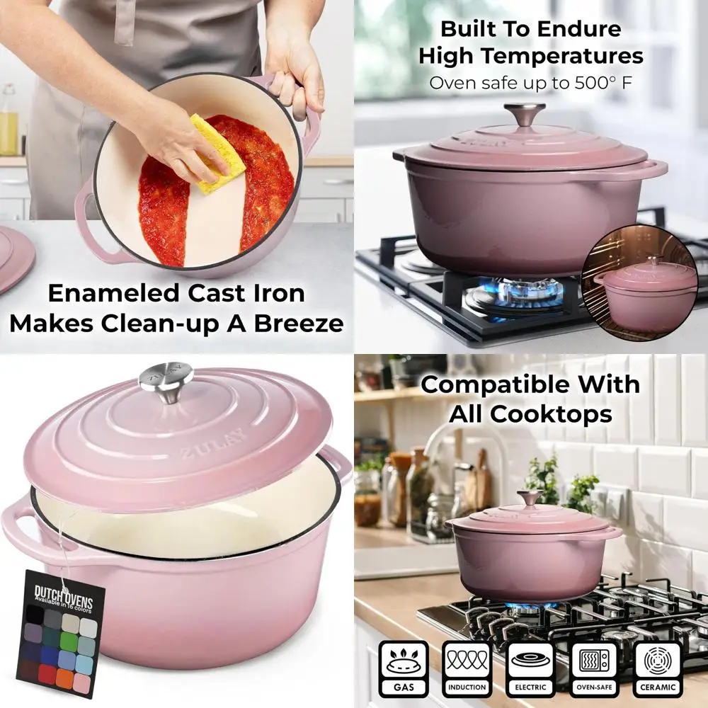 

Enameled Cast Iron Dutch Oven, 6 Quart, Oven-Safe to 500°F, Ideal for Baking, Stews, Braising, and Roasting in Pink