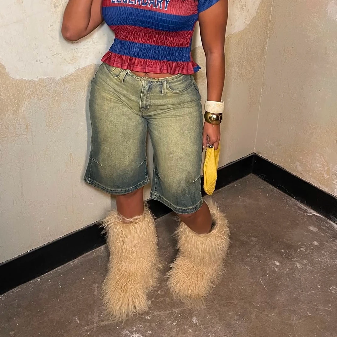 

Зимние женские дизайнерские теплые туфли до колена из овечьей кожи с длинными волосами, зимние сапоги из искусственного монгольского овечьего меха