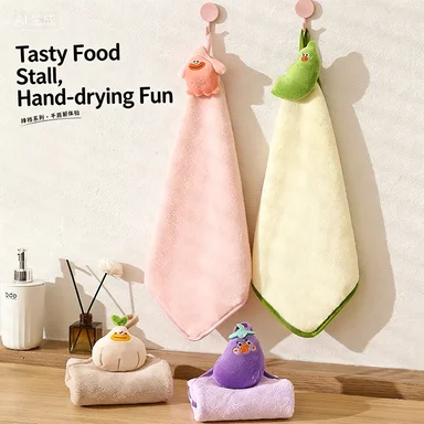 Cute and funny children's hand towel hanging type absorbent coral fleece hand towel, kitchen and bathroom dual-use square towel
