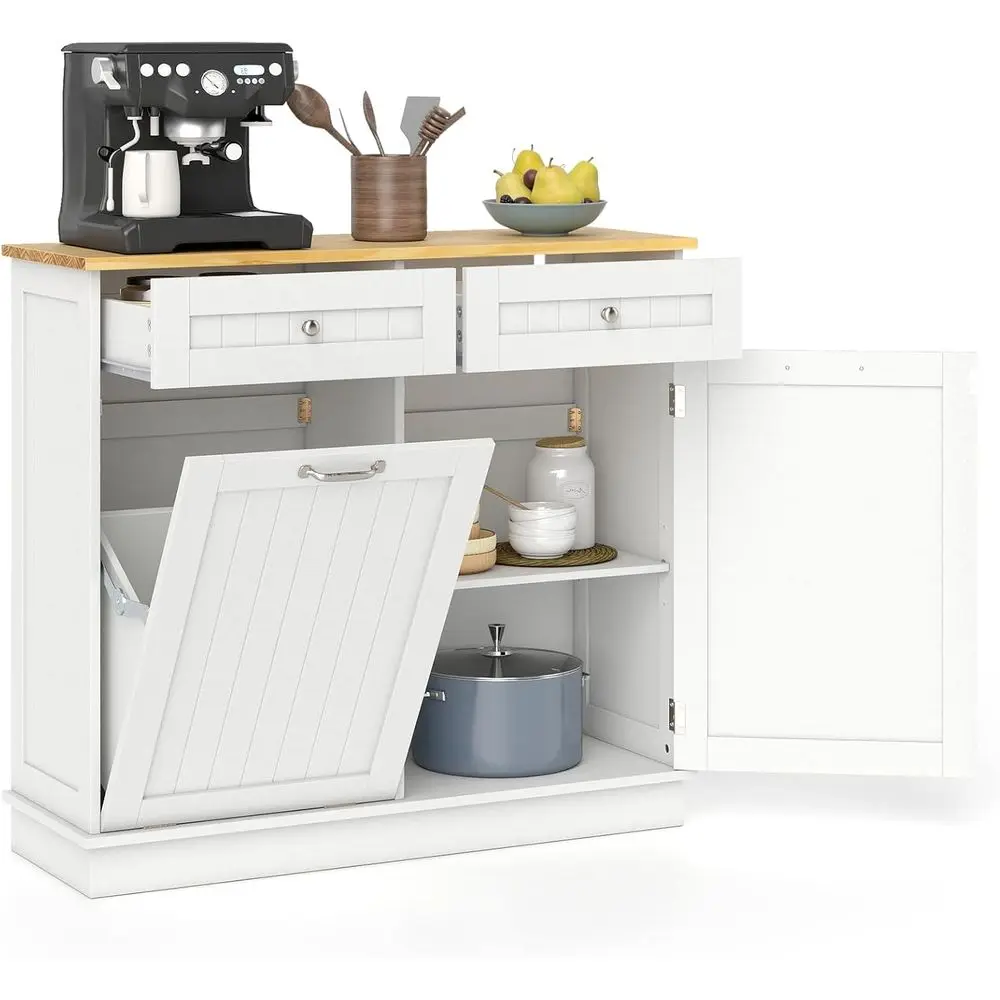 

Kitchen Island Table with Solid Wood Top, 2 Drawers, Adjustable Shelf, Hidden Laundry Hamper, Pet-Proof Trash Can, Living/Dining