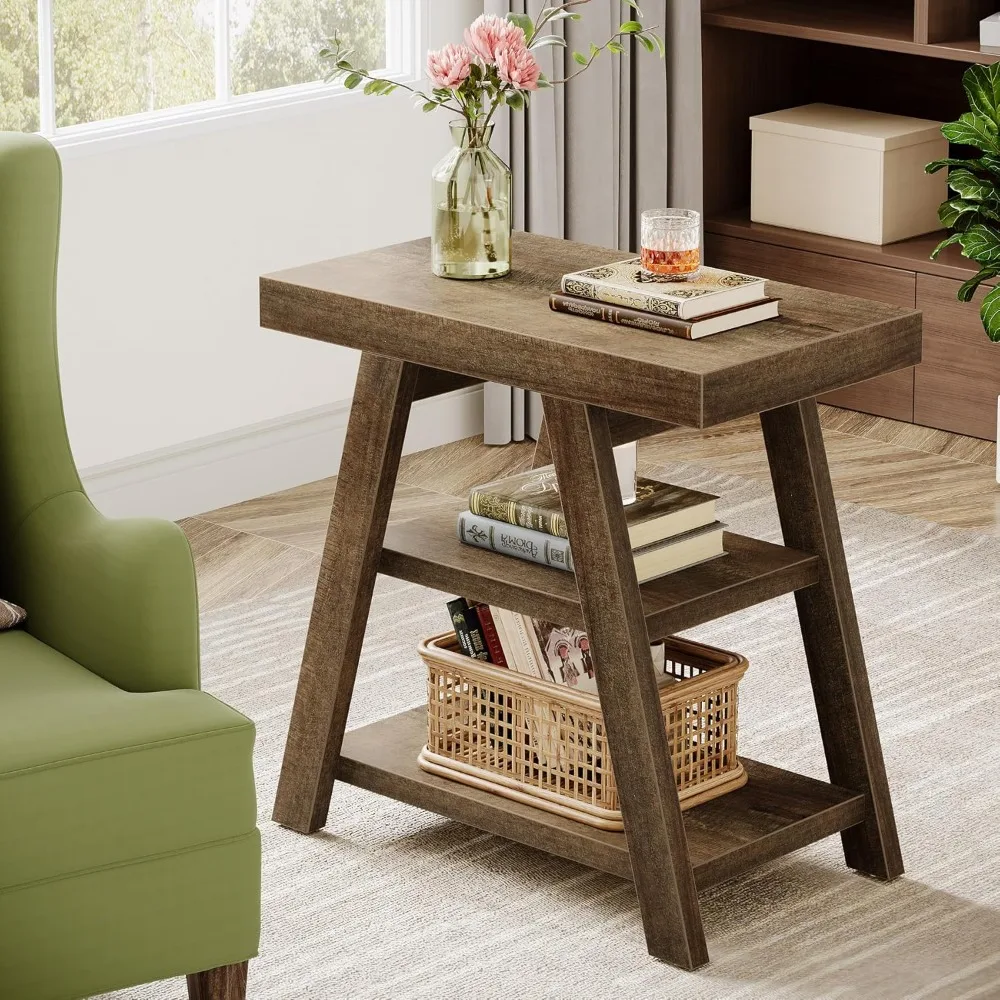 

Small Wood End Table, 3-Tier Farmhouse Narrow Couch Side Table with Storage, Vintage Sofa Side Table for Living Room