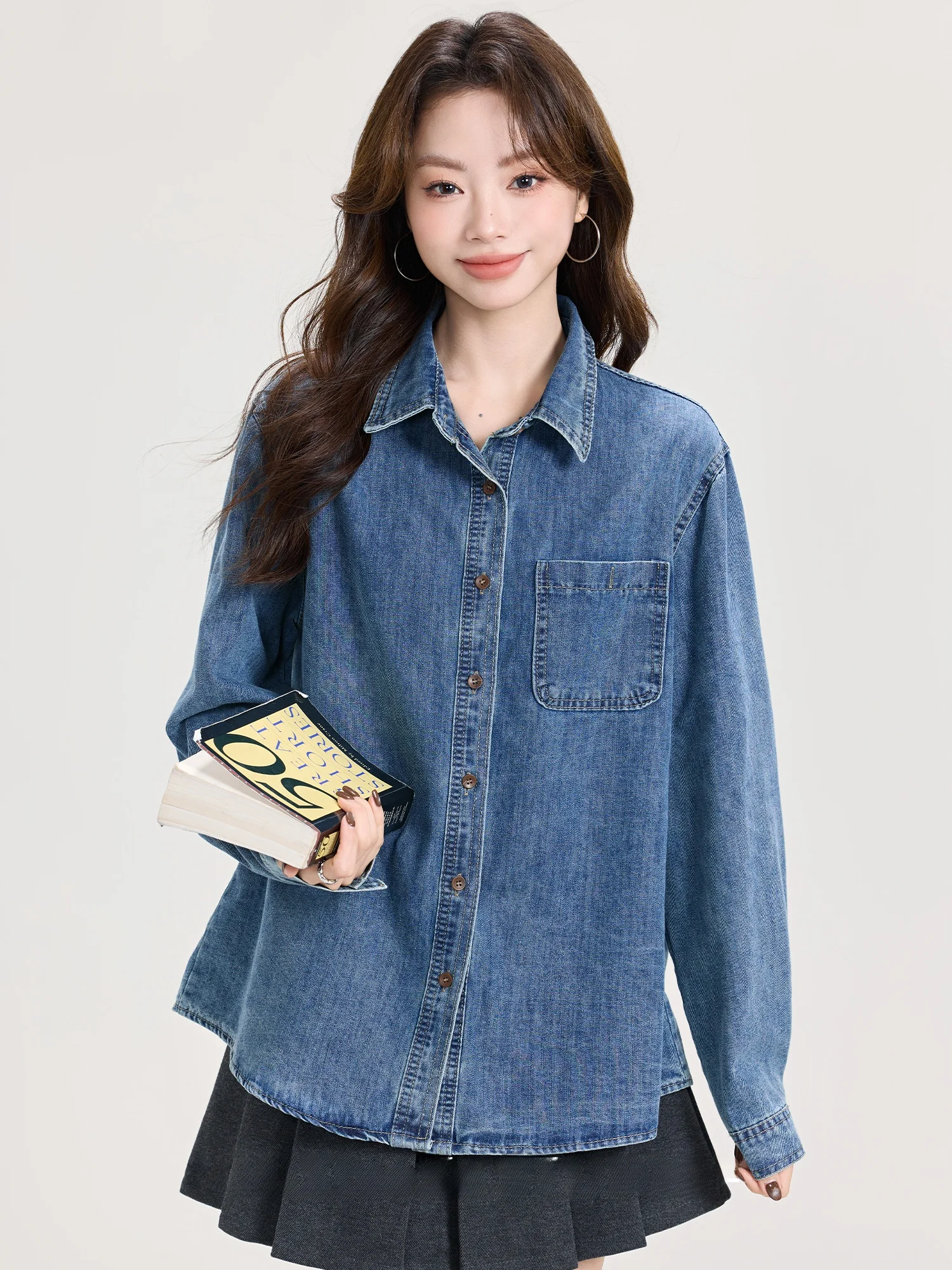 

Blue Denim irt Women's Long Sve Inner Wear Top Sweet Sle Loose Fit Regular Length Button Closure UV Protection