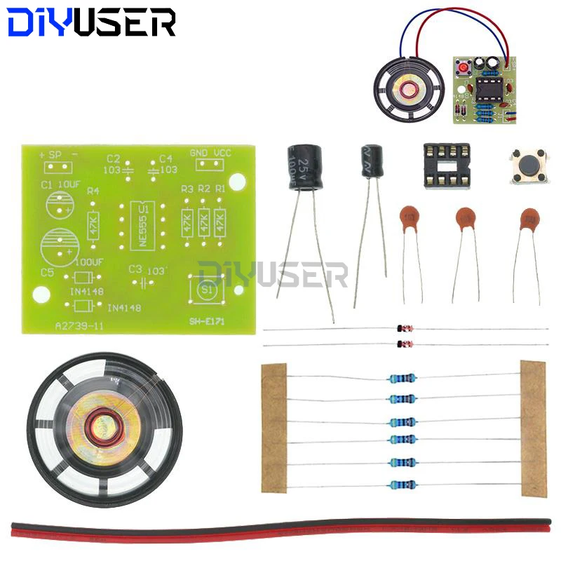 DIYUSER NE555 Dual Tone Doorbell DIY Kit - 28x25mm PCB Soldering Practice with Full Parts & 8 Ohm Horn for Beginners