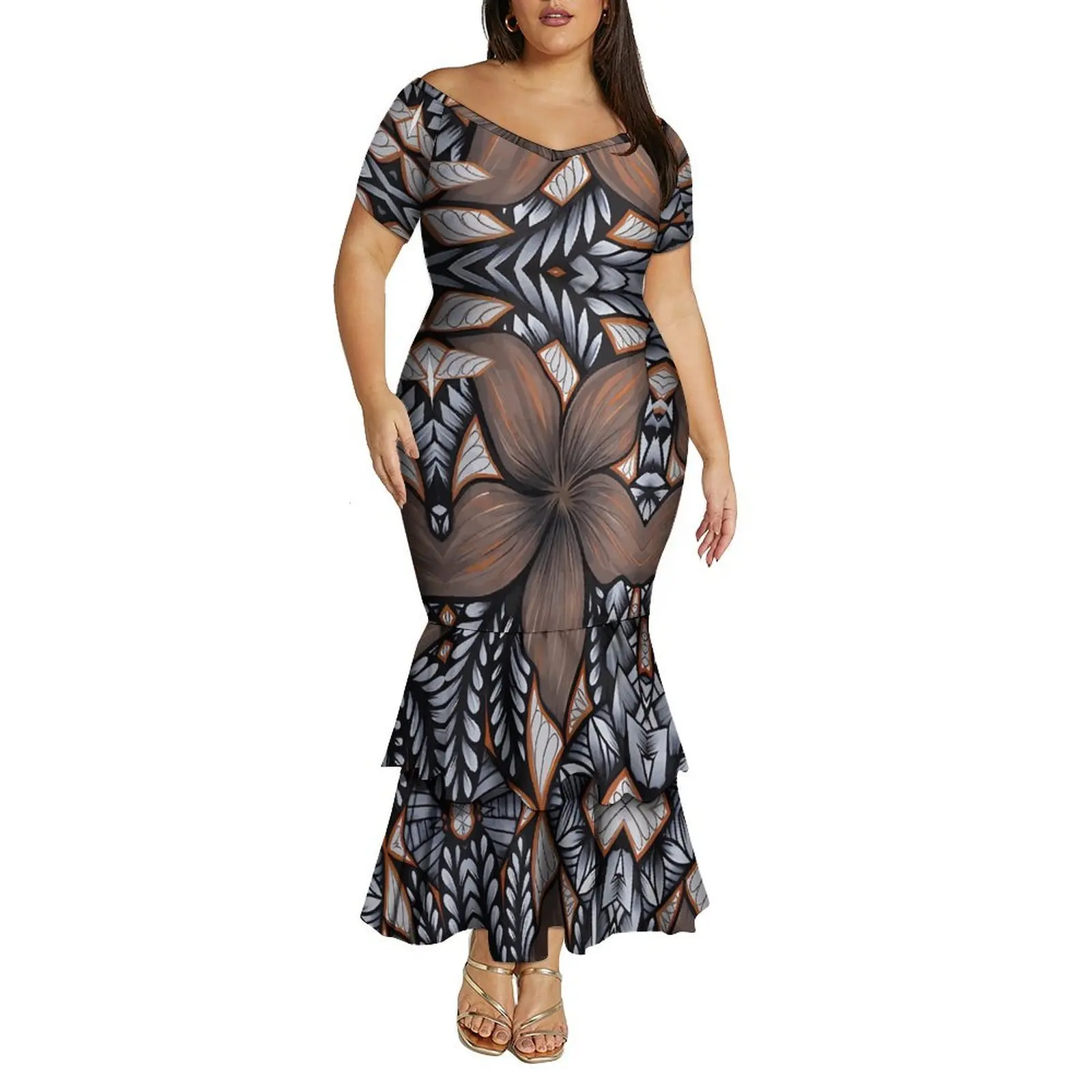 Vestido feminino grande com decote em V, ombro de fora, camada dupla, rabo de peixe, um padrão de vestido fino feito sob medida para polinésia