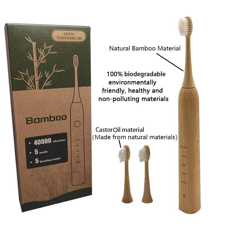 Bamboo Electric Toothbrush Smart 5 Mode 2 Minute Timer Wireless TYPE-C Charging IPX7 Waterproof 45 Days Endurance Soft Bristles