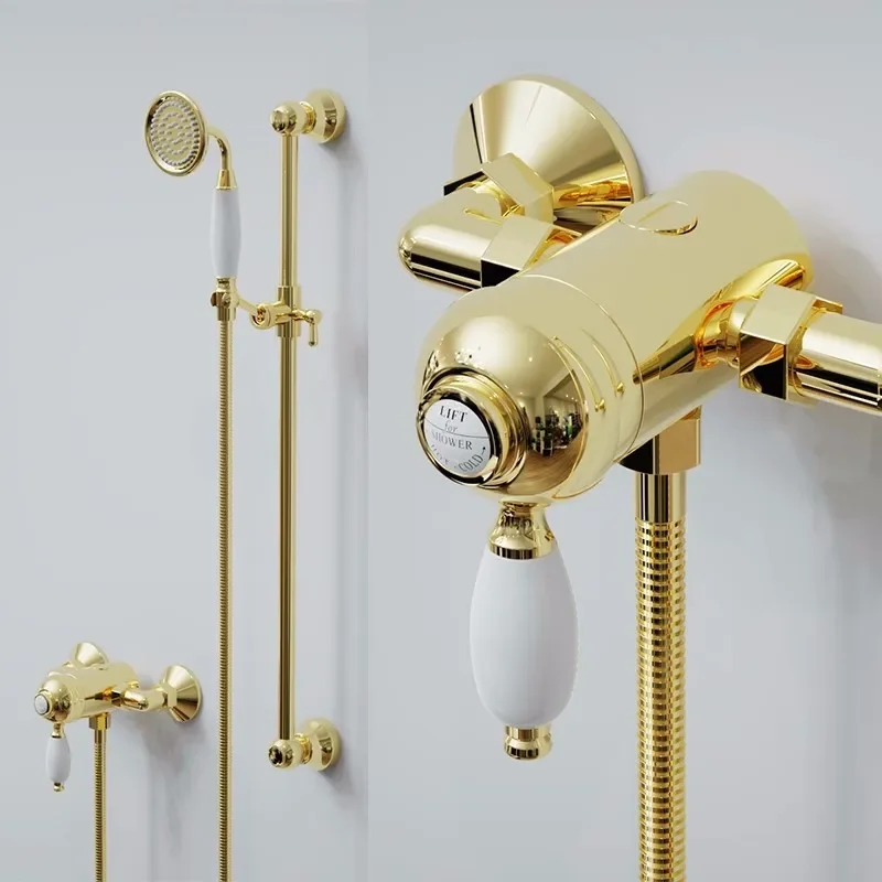 

Bathroom Shower Set Wall Mounted Gold Single Lever Classical Faucet Bathroom Bath & Shower Mixer Tap Brass Shinning Gold