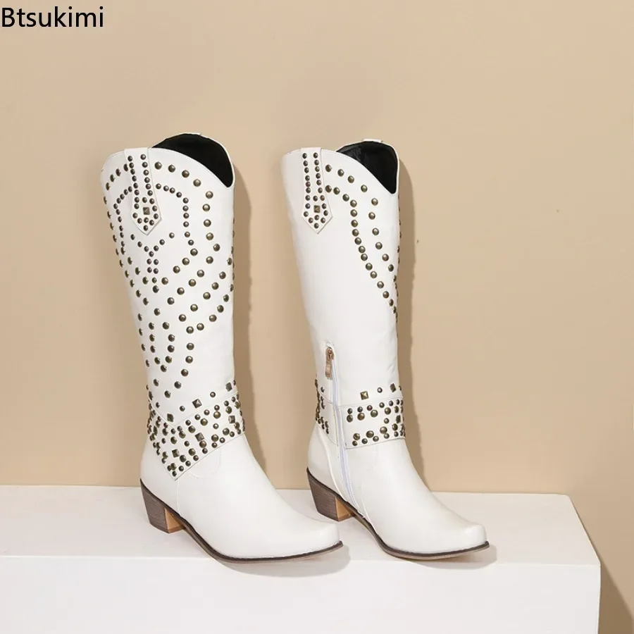 New 2024 Women\'s Fashion Knee High Boots Rivets Design Low Heel Western Cowboy Boots Female Slip on Retro Ladies Shoes Plus Size