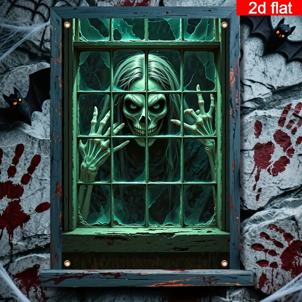 1 Stück Halloween-Fensterbanner – seltsames Totenkopf-Design mit leuchtenden grünen Augen, Fledermaus- und Spinnennetz-Design
