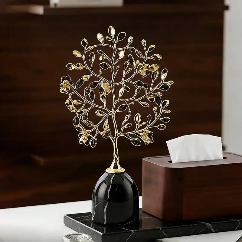 Metal Golden Tree Marble Sculpture Recessed Artistic Plant Arrangement Tree Statue Decorative Figurines Home Decoration