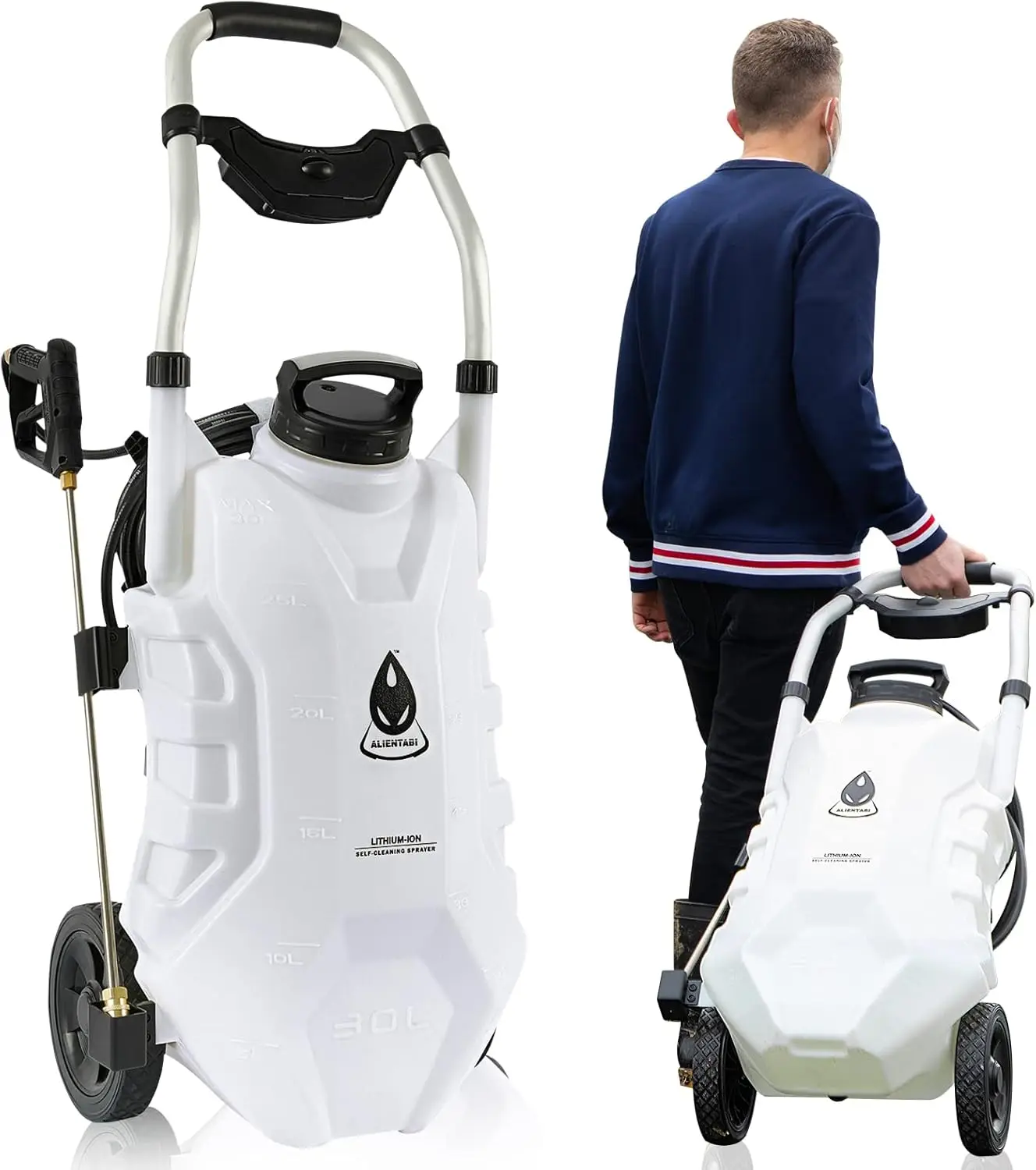 

Battery Powered Sprayer with Cart 8 Gallon Self-Cleaning Garden Sprayer 4.9Ah Lithium Battery Heavy Duty Sprayer for Weeding