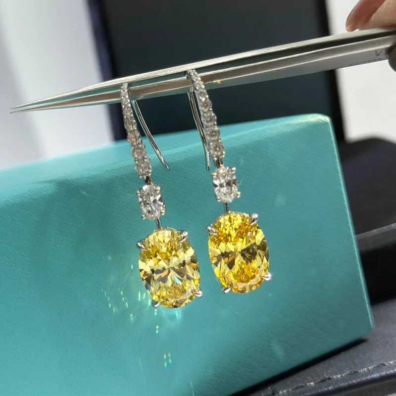 S925Silver Imported High Carbon Artificial Oval Yellow Diamond Earrings3Carat Egg-Shaped Asche Eardrops Ear Hook