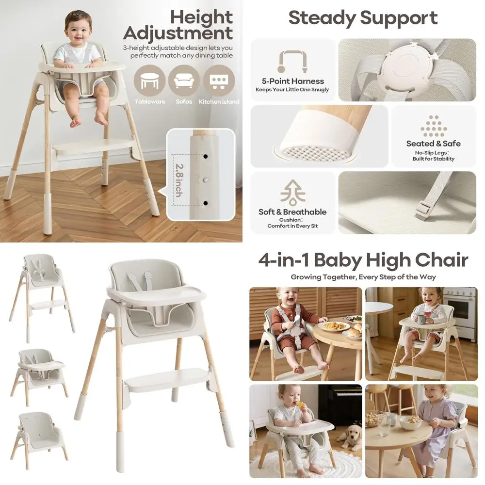 

Универсальный стульчик для кормления 4-в-1 с отсоединяемым подносом, пригодным для мытья в посудомоечной машине, бежевый, легко чистится