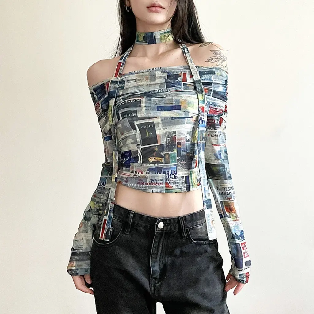 

European And American Retro Magazine Printed Slim Fit T-Shirt Shoulder Drawstring Lace-Up Top for Women