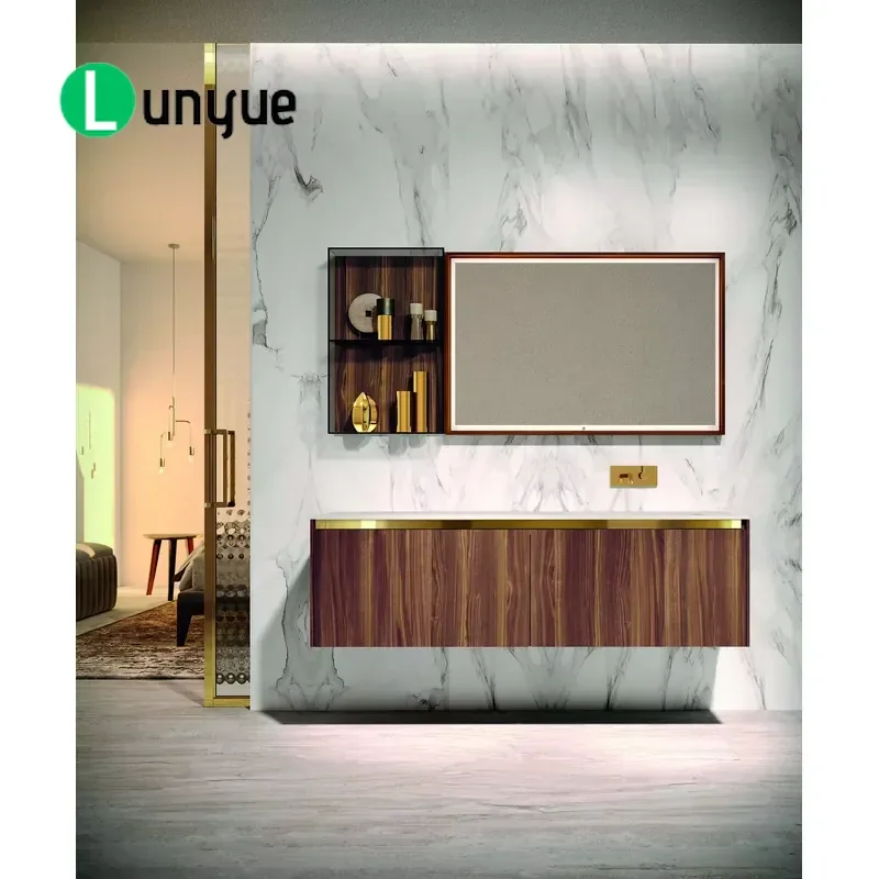 Modern Italian Luxury Wall Mounted Bathroom Cabinet Walnut Wood Rectangle Vanity with Mirror Durable Easy to Clean for Toilet