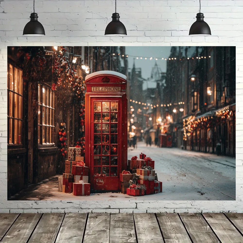 Yeele Photography Backdrop Christmas Street Corner Red Phone Booth Lamps Winter Outdoor Kids Birthday Photo Studio Decor Props