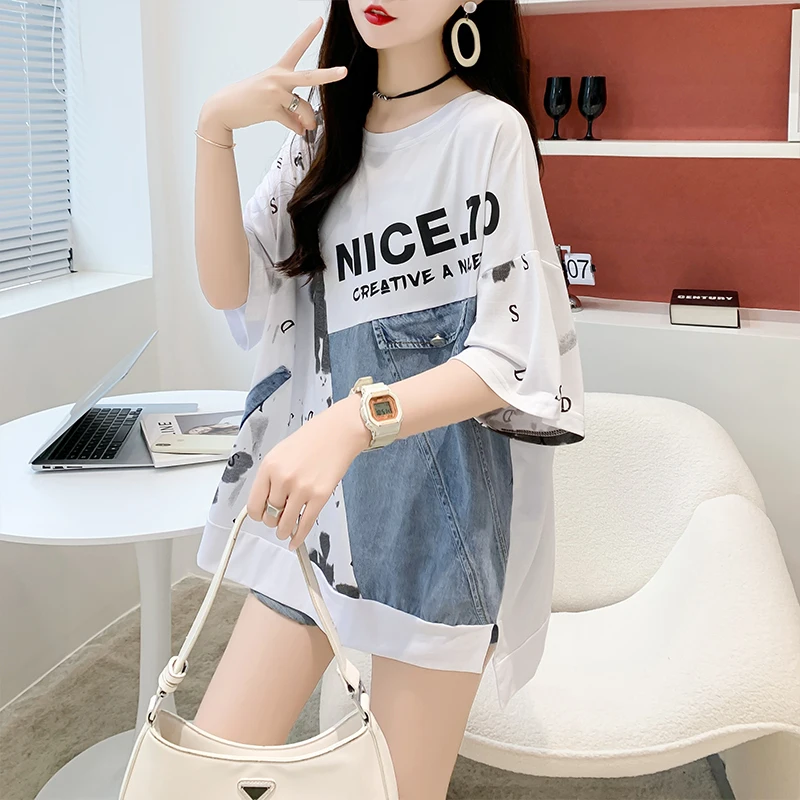 Denim Stitching T Shirts Women Design Sense Fashion Mid-length T-shirt Summer Trendy Casual Loose Oversized Short Sleeve Tshirt