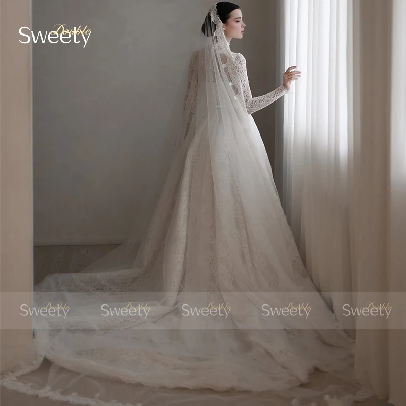 Exquisite Wedding Dress Embroidered Lace With A-Line Ballgown High-Neck Fullsleeve Customized Bridedress Button Vestido De Novia
