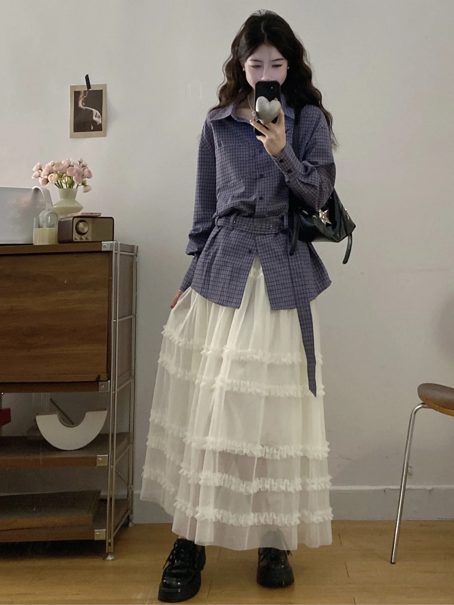 

plus Size Women's Vintage Japanese Style Plaid Long Sleeve Shirt And Mesh Half Skirt Set High Waist Spring Summer New Arrival