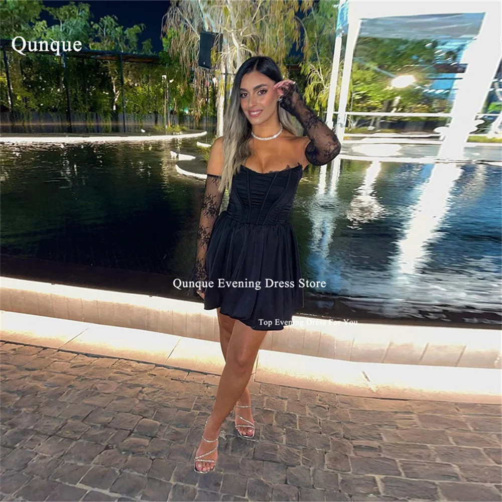 

Qunque Mini Black Prom Dresses Removable Long Sleeves Lace Dresses Party Night for Wome Short Satin Robes De Cocktail Customized