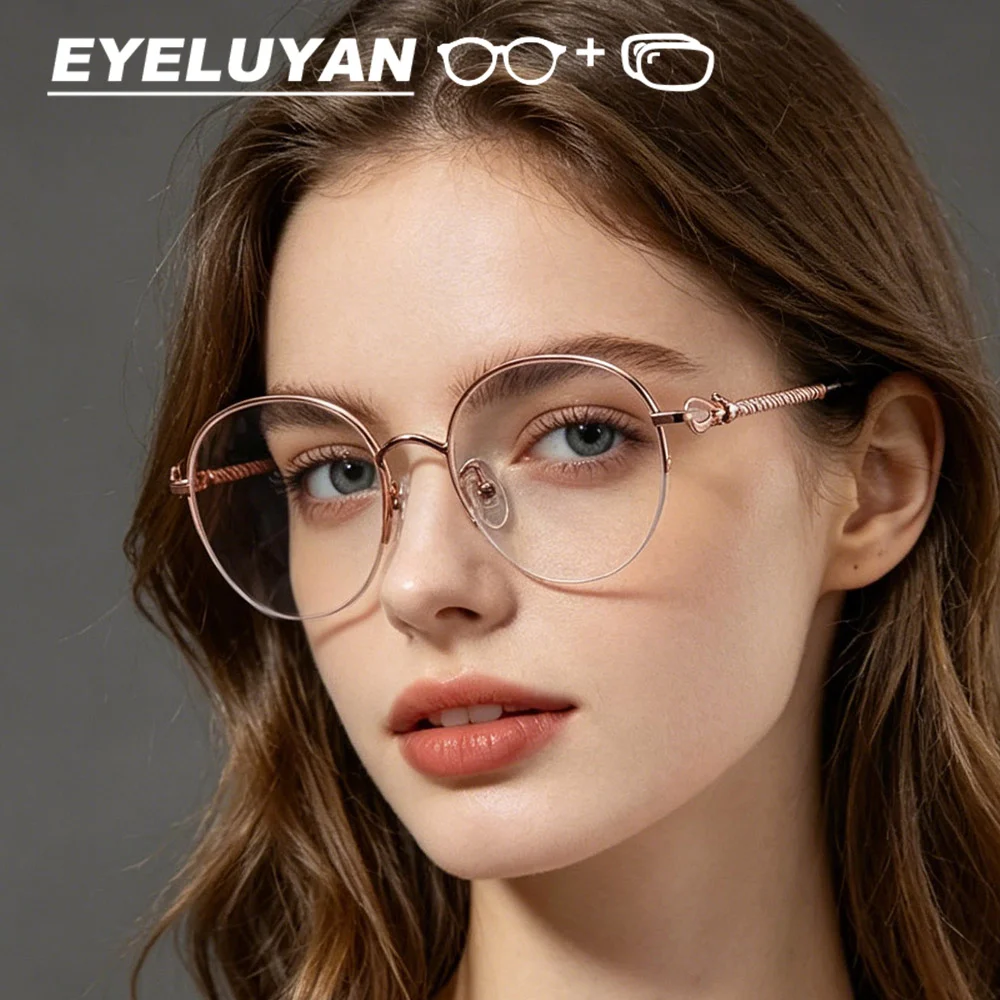 

EYELUYAN Optical Prescription Glasses Women Fashion Round Semi-Rimless Titanium Frame Anti blue light Myopia Reading Eyeglasses