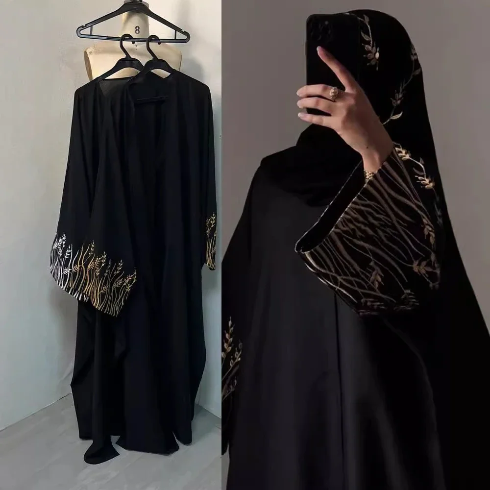 Arabian Women Open Abaya Flower Embroidered Long Sleeve Black Robe Festival Party Evening Dress Dubai Islamic Jilbab Kaftans